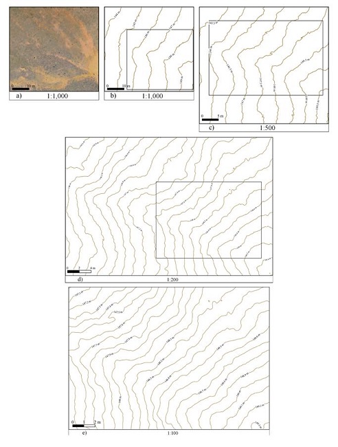 Depositional Fan: a) ortophoto mosaic at 1:1,000 scale; b) contour lines at 1:1,000 scale; c) contour lines at 1:500 scale; d) contour lines at 1:200 scale; e) contour lines at 1:100 scale.