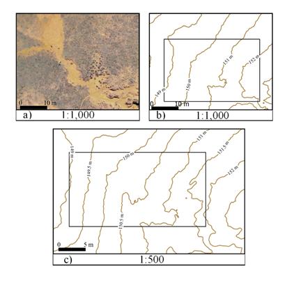 Concentrated Flow: a) orthophoto mosaic at 1:1,000 scale; b) contour lines at 1:1,000 scale; c) contour lines at 1:500 scale.