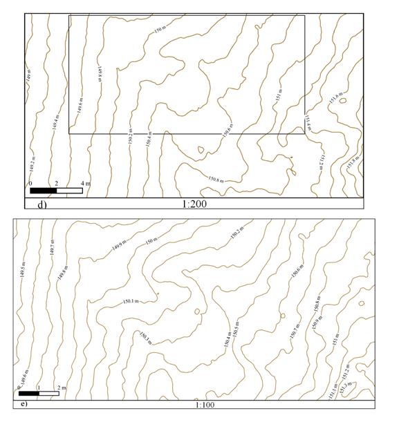 Concentrated Flow: d) contour lines at 1:200 scale; e) contour lines at 1:100 scale.