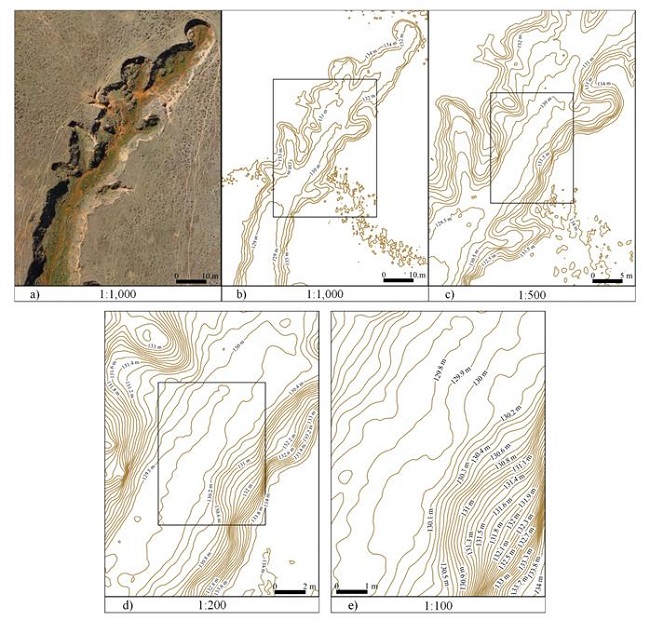 Gully: a) orthophoto mosaic at a 1:1,000 scale; b) contour lines at 1:1,000 scale; c) contour lines at 1:500 scale; d) contour lines at 1:200 scale; e) contour lines at 1:100 scale.