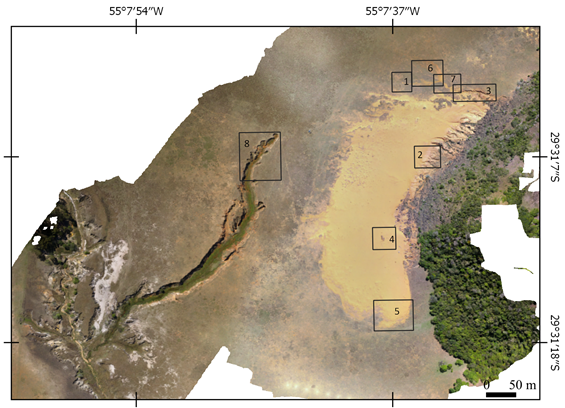 Orthophoto mosaic of the study area at a 1:5,000 scale with the landforms’ spatial location.