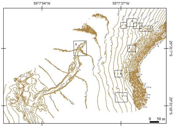 Contour lines with 2m intervals of the study area at a 1:5,000 scale with the landforms’ spatial location.