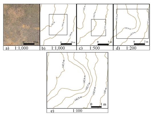 Denudational landform: a) orthophoto mosaic at 1:1,000 scale; b) contour lines at 1:1,000 scale; c) contour lines at 1:500 scale; d) contour lines at 1:200 scale; e) contour lines at 1:100 scale.