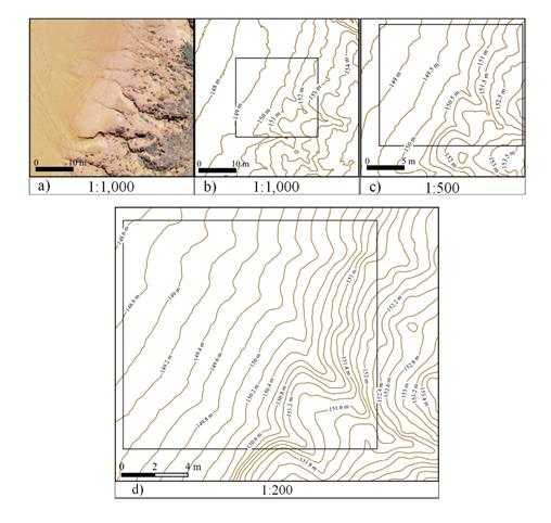 Rill: a) orthophoto mosaic at 1:1,000 scale; b) contour lines at 1:1,000 scale; c) contour lines at 1:500 scale; d) contour lines at 1:200 scale.