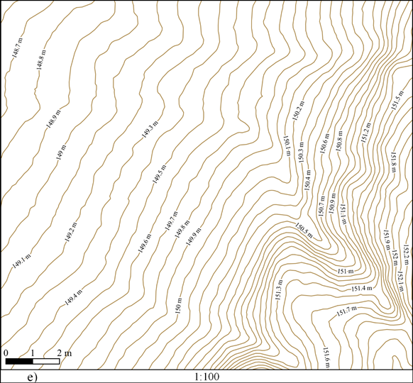 Rill: e) contour lines at 1:100 scale.