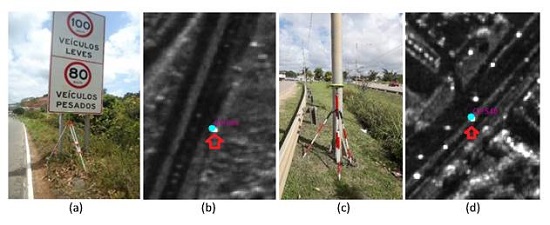 Planialtimetric positional control points (photograph taken on the day of field collection and corresponding pixel blast location in the orthoimage): a) GPS06 Photo; b) GPS06 Orthoimage; c) GPS40 Photo; and d) GPS40 Orthoimage.
