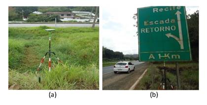 GNSS receivers used for the acquisition of planialtmetric positional control points. a) receiver at base RN and b) at control point.