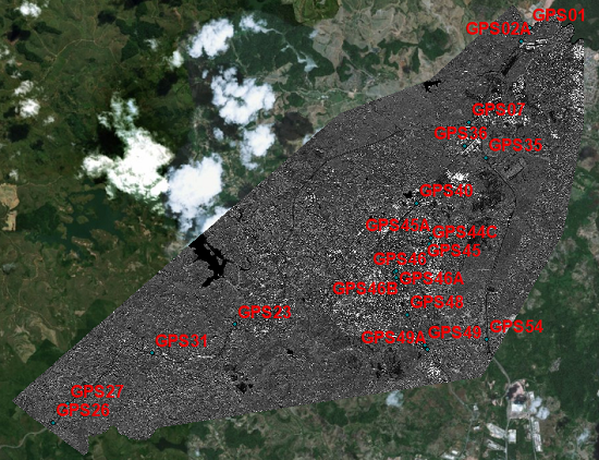 Orthoimage with planialtimetric positional control points used in positional validation of the dataset: orthoimage and DTM.