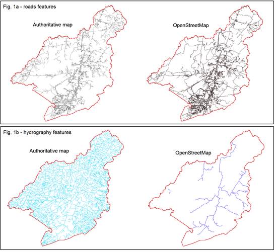 Comparison of the quantity of features in authoritative map and OSM.