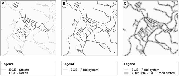Separated layers (A), merged layers (B) and buffer of features in the authoritative map (C).