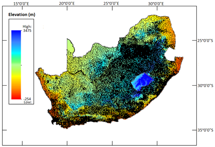 Distribution of 27,350 levelling data points with black dots representing levelling data points.