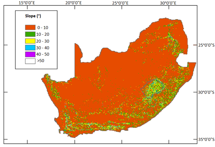 Categorised slope representation over South Africa based on SRTM data (units are in angular degrees).