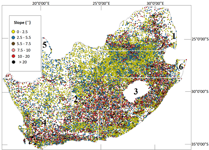 Spatial distribution of 17,307model data points falling in different slope ranges over the six regions. Units for the slope range are in angular degrees.