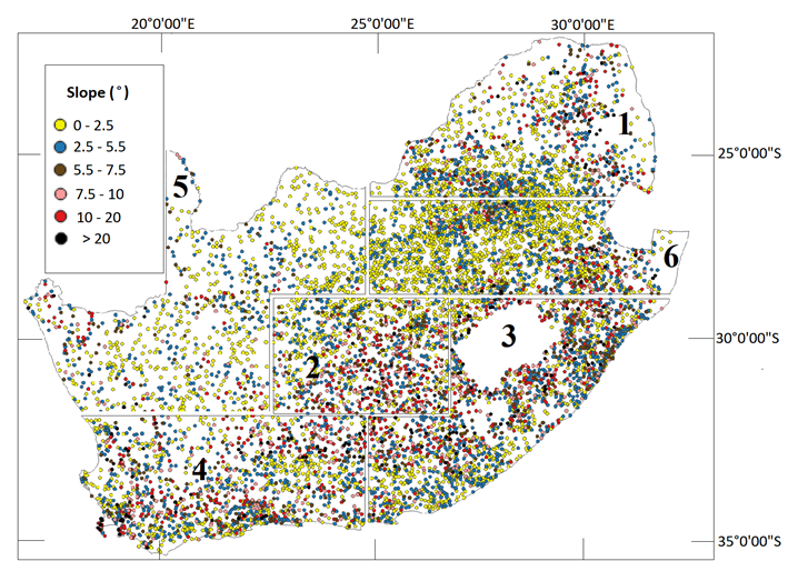 Spatial distribution of 8,657 test data points falling in different slope ranges over the six regions. Units for the slope range are in angular degrees.