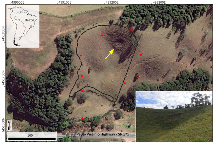 Location map of the Cunha City (upper left) and of the study area . Field view of the landslide (right). The dashed line represents the survey boundary,the arrow indicates the area affected by the landslide and the red dots indicates the GCP (Ground Control Points) used for georeferencig. Satellite imagery Digital Globe, powered by Google. UTM coordinates, zone 23 (South), WGS84.