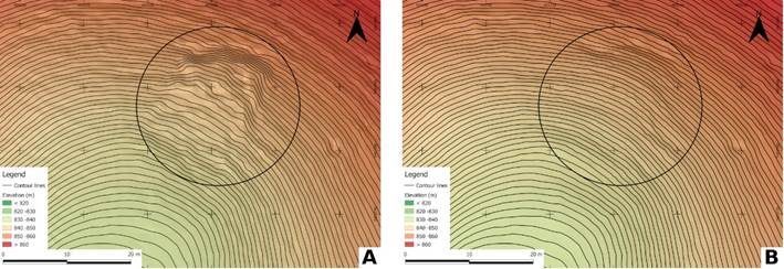 Reconstruction of topography for volume calculation. A) Contour lines deformed by the slide event; B) Contour lines reconstruction. Example from the TLS point cloud DEM with 50 cm spatial resolution and contour lines with 50 cm interval.