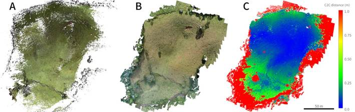 A) TLS point cloud; B) SfM-MVS point cloud; C) Cloud-to-Cloud distance with 1 m threshold using the TLS as the reference cloud.