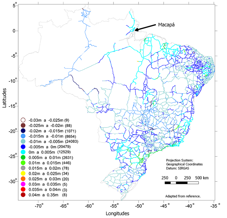 Differences between normal 2018 readjustment altitudes and orthometric-normal altitudes in Brazil (Adapted from source).