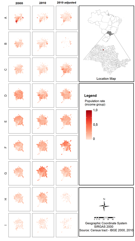 Population of each socioeconomic group by census tracts (2000 and 2010) in the city of São José do Rio Preto.