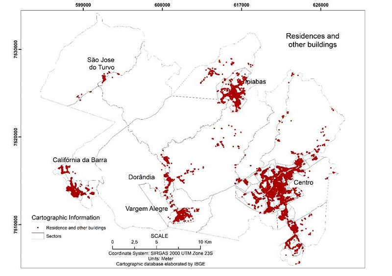 Density of points that represent the distribution of residences and other types of buildings.