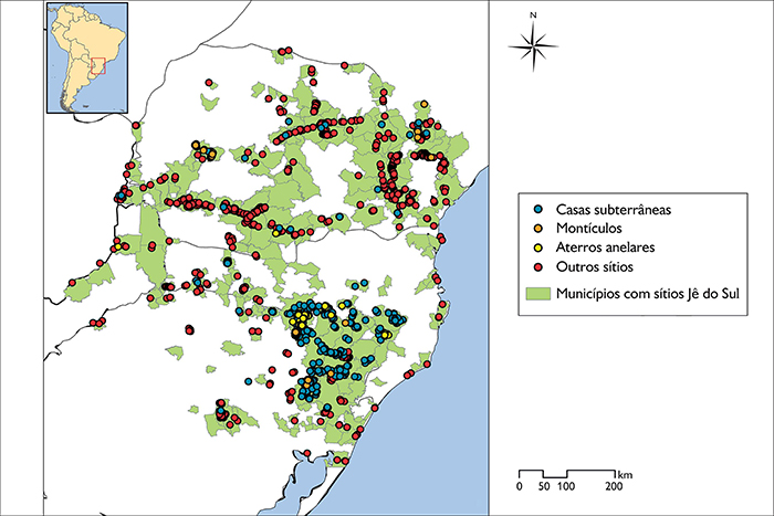 Mapa dos municípios com sítios arqueológicos Jê do Sul.