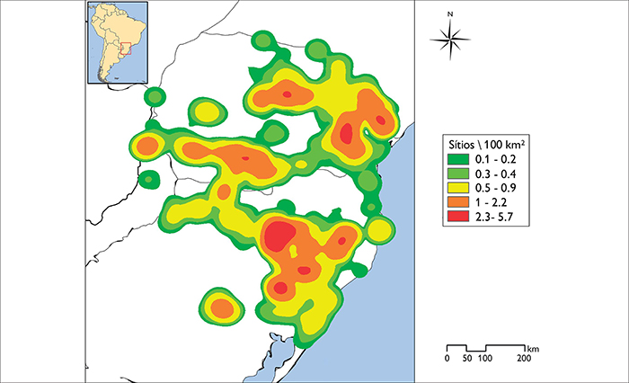 Mapa de densidade dos sítios Jê do Sul.