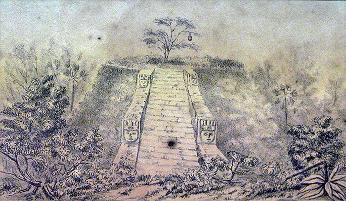‘Antiguo adoratorio de Motul,’ lithograph used by Carrillo y Ancona to illustrate his article in “El Repertorio Pintoresco”. Source: Redon (1863).