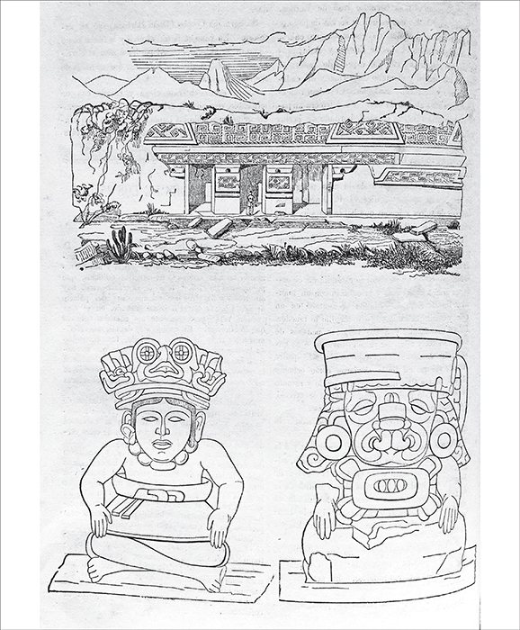 Line drawings of the ruins of Mitla and archaeological artifacts. Source: Antigüedades… (1852, p. 368).