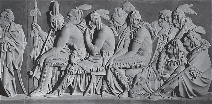 Ferdinand August Pettrich, Indios de la tribu Sauks-Foxes durante negociaciones con el gobierno estadounidense en Washington, bajorrelieve en yeso patinado, Vaticano, Pontificio Museo Missionario-Etnologico. 