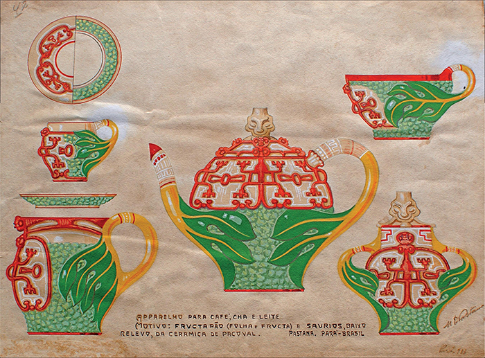 Desenho &ldquo;Aparelho para caf&eacute;, ch&aacute; e leite&rdquo;. Autor: Manoel de Oliveira Pastana. Dimens&otilde;es: 35,5 x 47,9 cm. Material/T&eacute;cnica: papel/aquarela. Local/Data: Par&aacute;, 1933 (assinado). Anota&ccedil;&atilde;o: &ldquo;Apparelho para caf&eacute;, ch&aacute; e leite. Motivo: Fructa p&atilde;o (folha e fructa) e s&aacute;urios, baixo relevo, da cer&acirc;mica de Pacoval. Pastana. Par&aacute;-Brasil&rdquo;. Cole&ccedil;&atilde;o Manoel Pastana, Museu da Casa das Onze Janelas, Bel&eacute;m, Par&aacute;. 02/01.2/0050-COJ. 