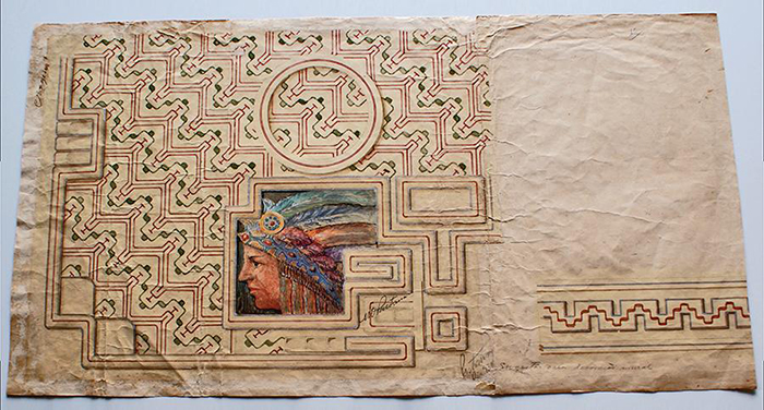 Desenho &ldquo;Sugest&atilde;o para decora&ccedil;&atilde;o mural&rdquo; (padr&atilde;o decorativo de cer&acirc;mica e &iacute;ndio). Autor: Manoel de Oliveira Pastana. Dimens&otilde;es: 35 x 64,5 cm. Material/T&eacute;cnica: papel/aquarela. Local/Data: Rio de Janeiro, 1930 (assinado). Anota&ccedil;&atilde;o no verso: &ldquo;&Agrave; Amassi [Amassi Palmeira], com meu abra&ccedil;o, Pastana&rdquo;. Cole&ccedil;&atilde;o Manoel de Oliveira Pastana, Museu da Casa das Onze Janelas, Bel&eacute;m, Par&aacute;. 02/01.2/0046-COJ. 