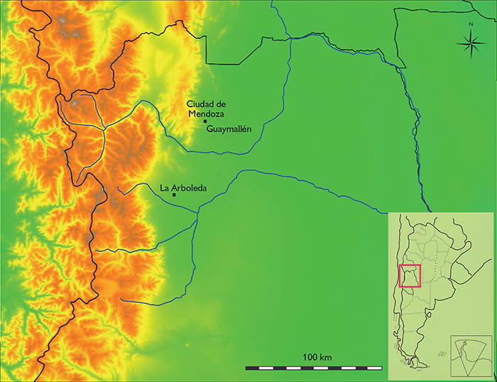 Localizaci&oacute;n del &aacute;rea de estudio: ciudad de Mendoza y periferia rural (Valle de Uco). 