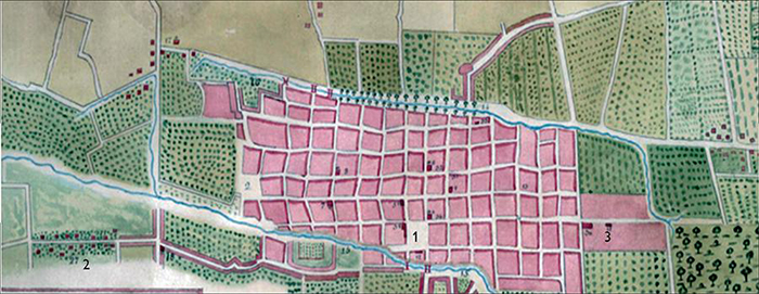 Localizaci&oacute;n de algunas referencias mencionadas en el texto. Leyendas: 1 = plaza principal de la ciudad de Mendoza; 2 = barrio del Infiernillo; 3 = Nuestra Sra. del Buen Viaje y hacienda La Ca&ntilde;ada. Modificado del Plano topogr&aacute;fico&hellip; ([17--]).
