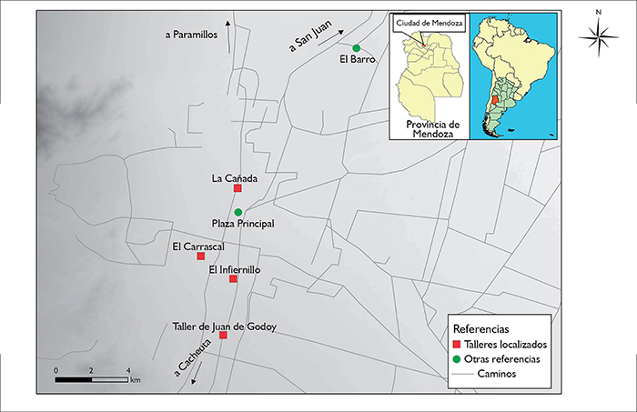Plano del &aacute;rea metropolitana de Mendoza. Localizaci&oacute;n de talleres coloniales y otras referencias mencionadas en el texto. 
