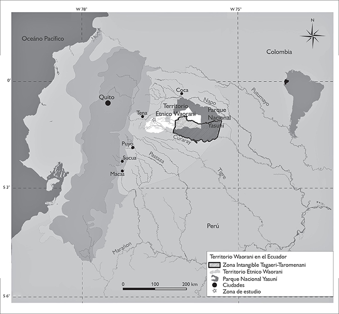 Territorio waorani y sitios de estudio. Fuente: Elaborado por la autora.
