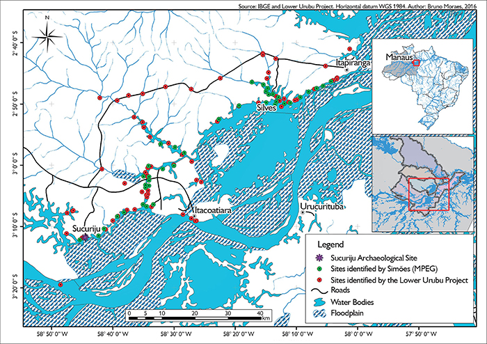 Map of the lower Urubu region with the sites identified highlighting the AM-IT-41:Sucuriju site. Map by B. Moraes.