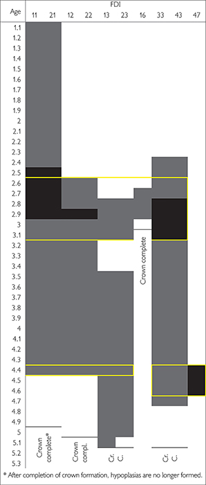 Distribution of hypoplasias per age on teeth in the sample. Darker bands represent more marked defects. Yellow outlines highlight periods in which different teeth are affected simultaneously by different degrees of defects. Source: Prepared by the authors.