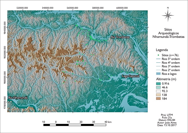 Distribui&ccedil;&atilde;o espacial dos s&iacute;tios arqueol&oacute;gicos na regi&atilde;o do baixo curso dos rios Nhamund&aacute; e Trombetas.