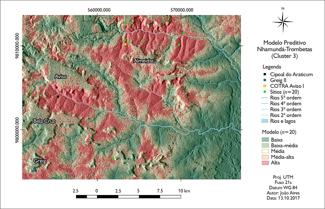 Detalhe do segundo modelo preditivo nos arredores dos plat&ocirc;s Almeidas, Aviso e Bela Cruz, indicadas como de alto potencial para incid&ecirc;ncia de s&iacute;tios. No topo do plat&ocirc; Almeidas, foram registradas por Salom&atilde;o (2009) mais de 1.100 esp&eacute;cies de castanheiras (Bertholletia excelsa H. & B.), suscitando a hip&oacute;tese de influ&ecirc;ncia humana devido a ocorr&ecirc;ncias de s&iacute;tios arqueol&oacute;gicos nas proximidades.