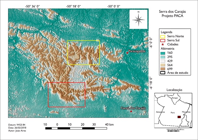 Localização das áreas de pesquisa em Carajás. O maciço de Carajás está situado na região sudeste do estado do Pará, área de interflúvio entre os rios Xingu (bacia do Amazonas) e Araguaia (bacia do Tocantins), na Amazônia oriental. As primeiras pesquisas foram realizadas na serra Norte (retângulo amarelo), quando foram estudadas as grutas do Gavião e Pequiá. O retângulo vermelho (serra Sul) corresponde à área das pesquisas recentes. Mapa: João Aires (2018)