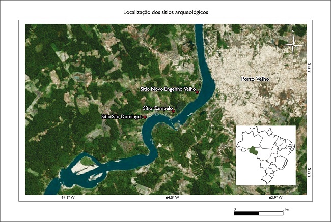 Localização dos sítios arqueológicos antes da UHE Santo Antônio, em Porto Velho, Rondônia.