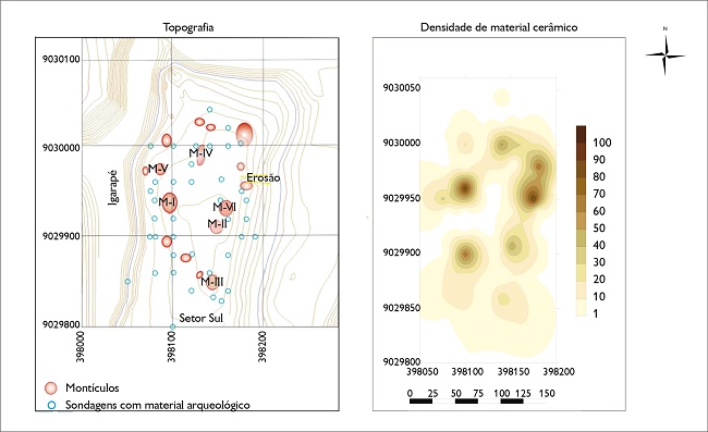 À direita, topografia do sítio Novo Engenho Velho, com furos de sondagens positivas e localização dos montículos. À esquerda, mapa de densidade dos materiais cerâmicos provenientes das sondagens.