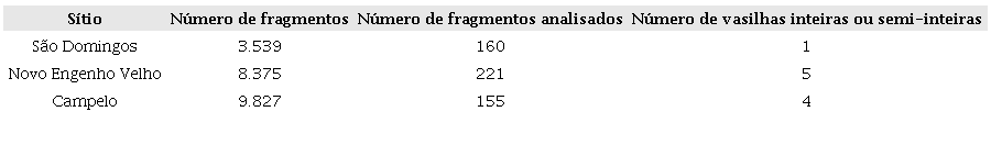 Quantidade de fragmentos por sítio e da amostra analisada.