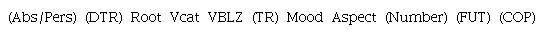 The structure of the Kuikuro verbal word. Legends: Abs/Pers = absolutive (internal argument) pronominal prefixes; DTR = detransitivizer; Vcat = low verbal categorizer; VBLZ = verbalizer; TR = transitivizer; FUT = future; NTM = nominal tense marker; COP = non-verbal copula.