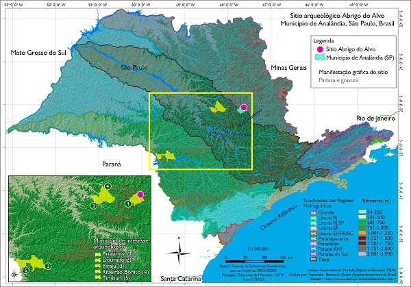 Localização do sítio arqueológico Abrigo do Alvo, Analândia, São Paulo.