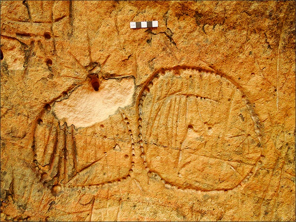 Áreas de desplacamento do suporte rochoso atingindo as gravuras rupestres. Abrigo do Alvo, Analândia, São Paulo.
