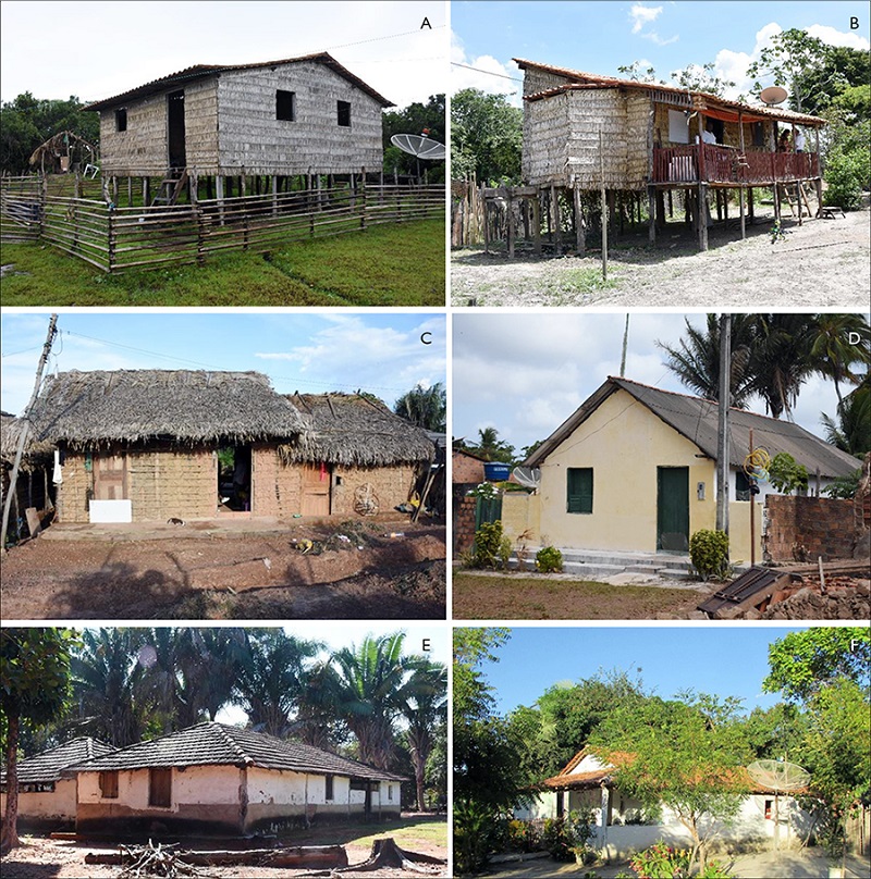 A-B) Palha e telhas cerâmicas em áreas rural e periurbana inundáveis, Cajari e Pindaré Mirim, Maranhão; C-D) taipa de mão em ocupação periurbana e comunidade quilombola, Miranda do Norte e Alcântara, Maranhão; E-F) adobe em fazenda e comunidade quilombola, Carolina e Brejo, Maranhão.