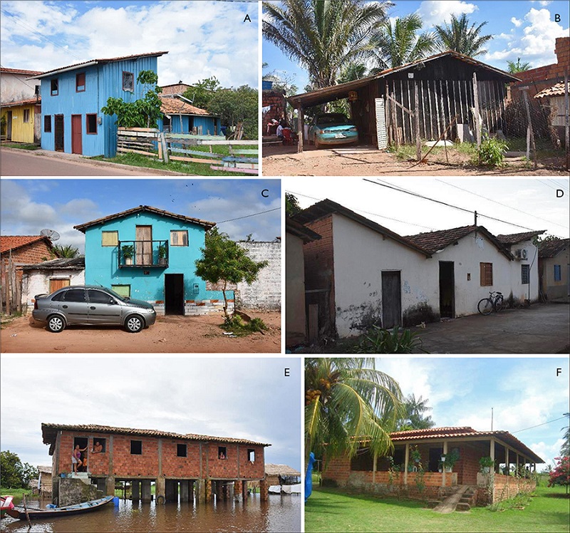 A-B) Madeira em bairros periféricos, Turiaçu e Imperatriz, Maranhão; C-D) tijolo maciço em bairros periféricos, Zé Doca e Estreito, Maranhão; E-F) tijolo cerâmico em área rural e bairro periurbano, Viana e Paço do Lumiar, Maranhão.