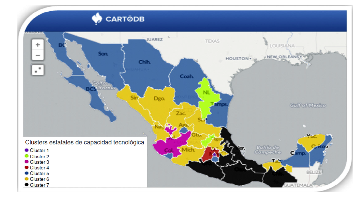 Clusters estatales de capacidad tecnol&oacute;gica en M&eacute;xico 2012.