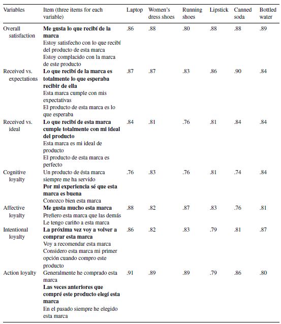 Items (in Spanish) and measurement reliability coefficients (Cronbach's Alpha)